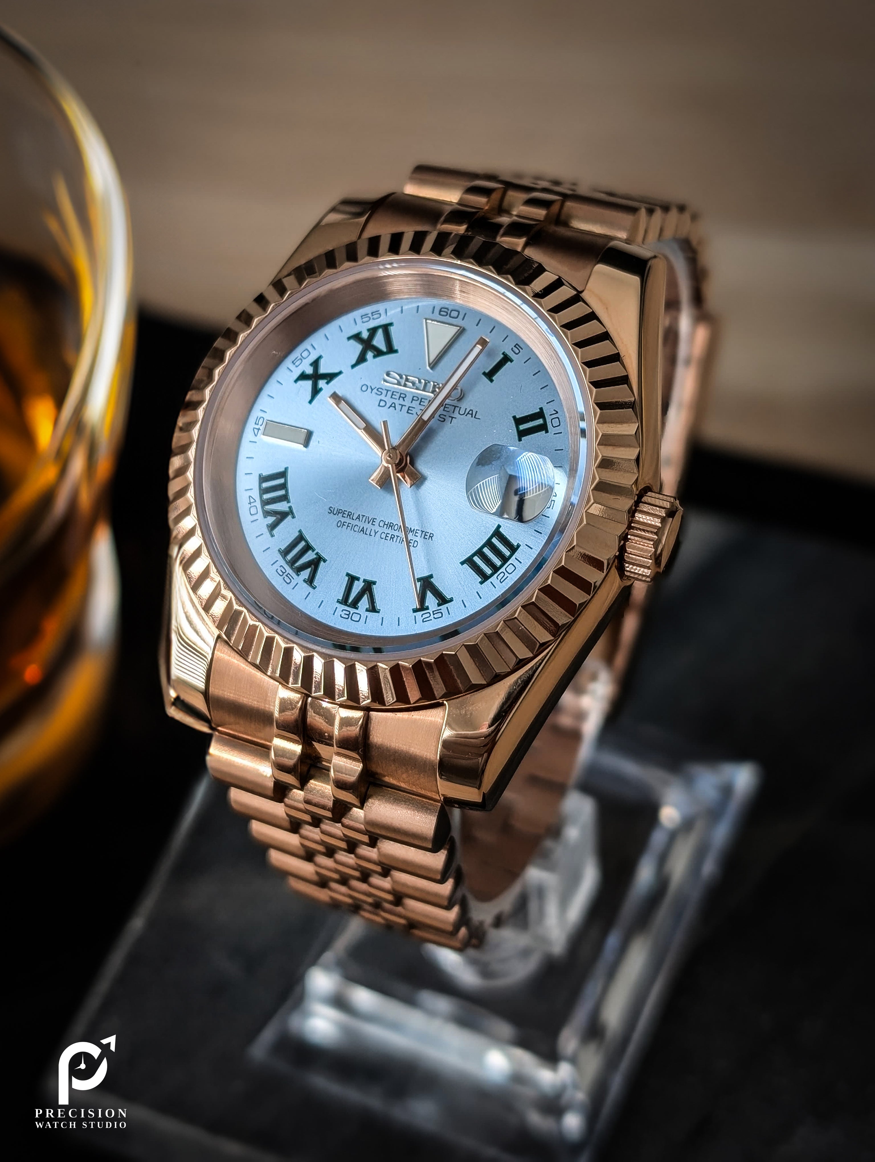 Date J Fluted - Wimbledon Ice Blue with Rose Gold