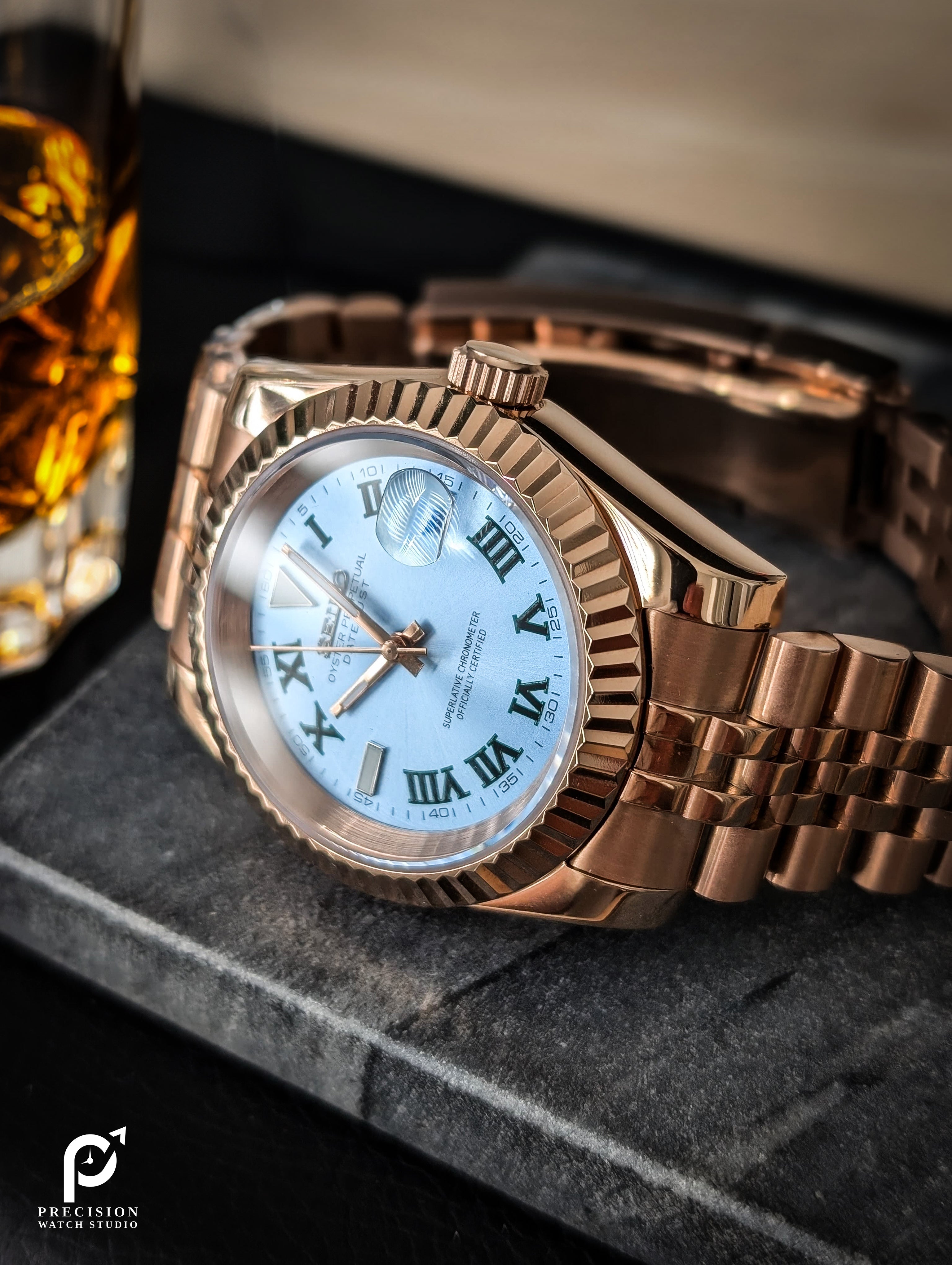 Date J Fluted - Wimbledon Ice Blue with Rose Gold