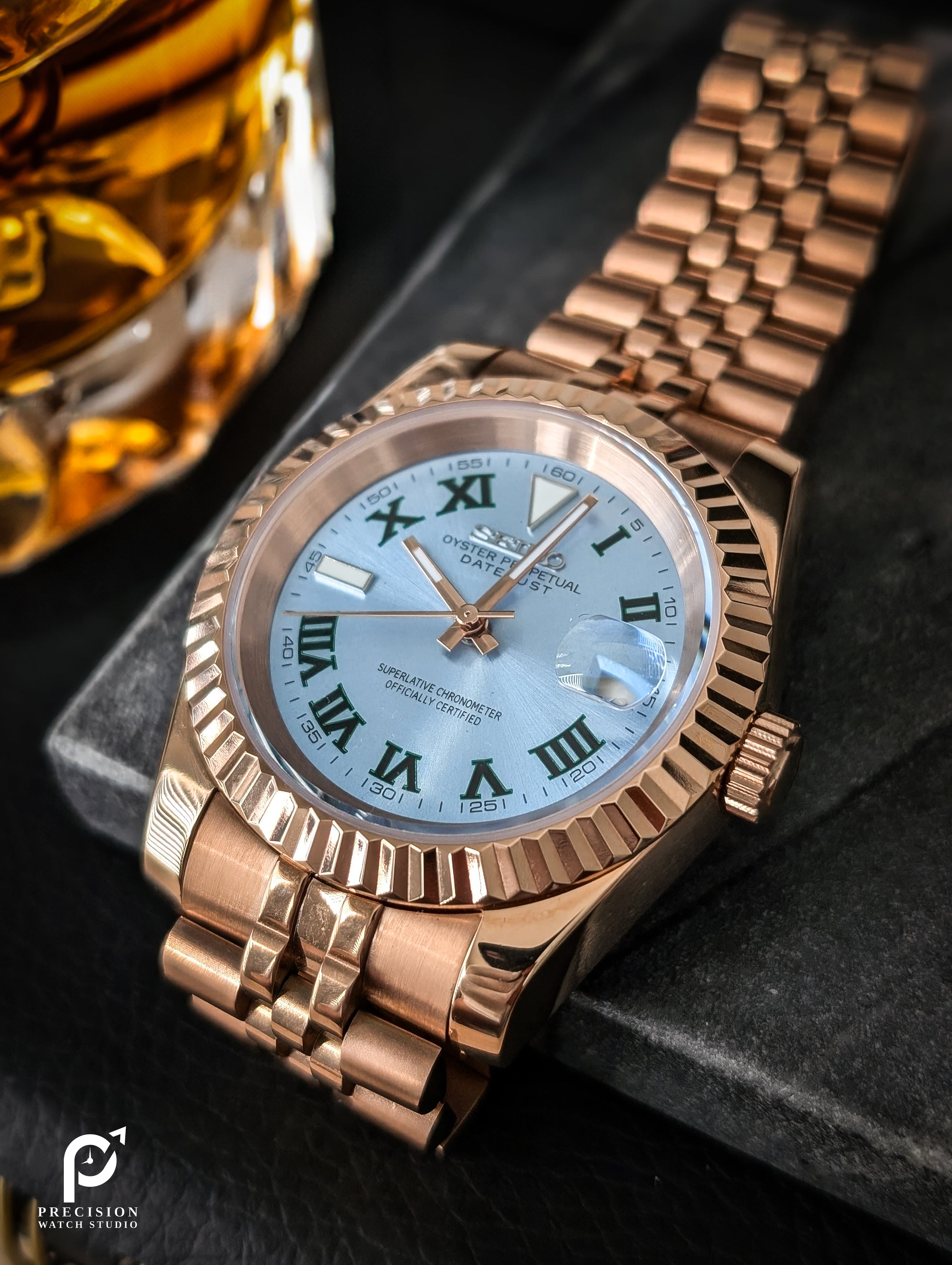 Date J Fluted - Wimbledon Ice Blue with Rose Gold